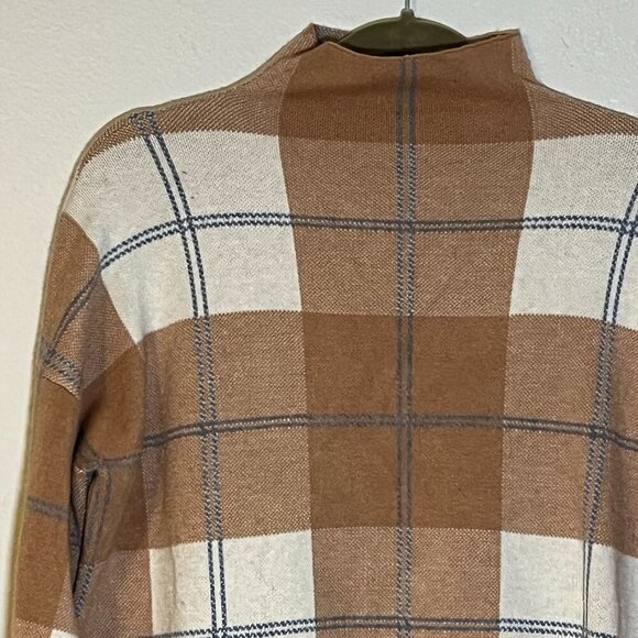 Rachel Zoe Plaid Funnel Neck Sweater Brown Cream Blue Stretch Fit Cozy‎ Large - Picture 2 of 6